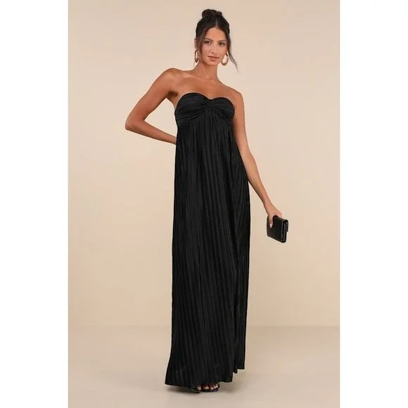 Lulus | Dresses | Lulus Whimsical Beauty Black Satin Plisse Strapless Maxi  Dress Size S | Poshmark
